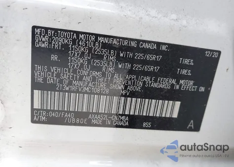 2021 Toyota Rav4 Xle из США, поврежденный, VIN 2T3W1RFV3MC108128